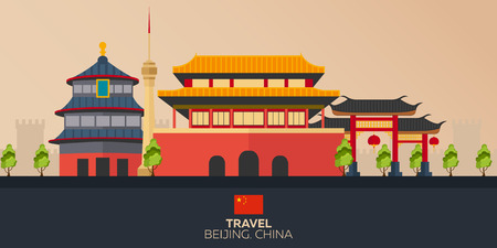 Trip to China. Vacation. Road trip. Tourism. Journey. Travelling illustration Beijing city. Modern flat design. China. Beijing skylineのイラスト素材