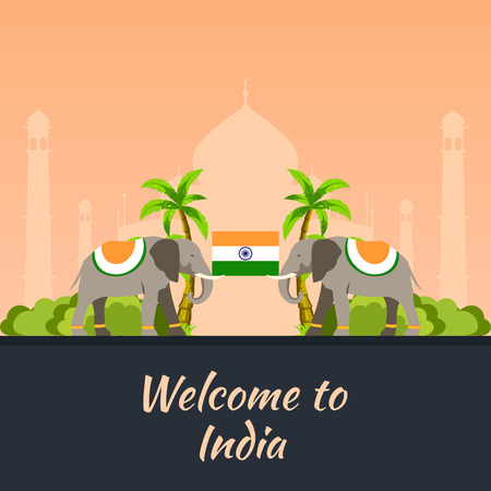 India. Tourism. Travelling illustration Indian. Modern flat design. Indian elephant. Taj mahal, Lotus temple, gateway of India, Qutab Minarのイラスト素材