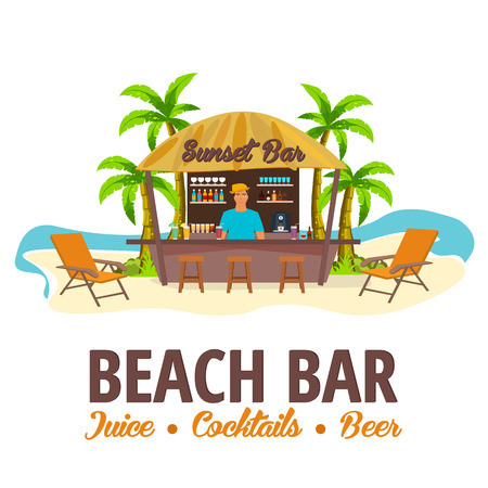 Summer. Beach Bar. Travel. Juice, cocktails, beer. Lounge chair. Vector Illustration.のイラスト素材