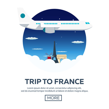 Trip to France. Travelling illustration. Modern flat design. Travel by airplane, vacation, adventure, trip. Time to travelのイラスト素材