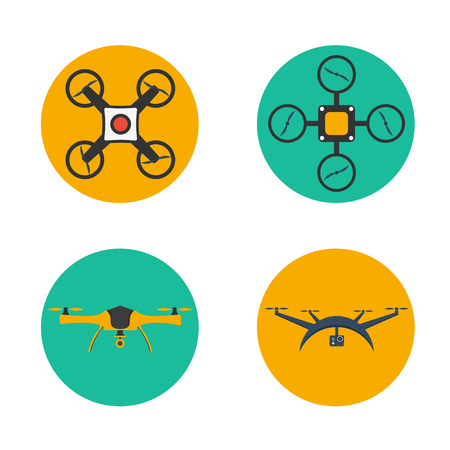 Remote aerial drone with a camera taking photography or video. Flat drones design. Set dronesのイラスト素材