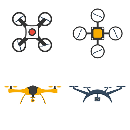 Remote aerial drone with a camera taking photography or video. Flat drones design. Set dronesのイラスト素材