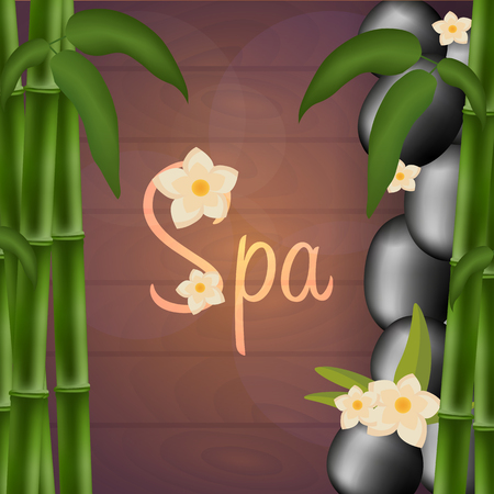 Spa salon banner with stones. Thai Massage. Wood textureのイラスト素材