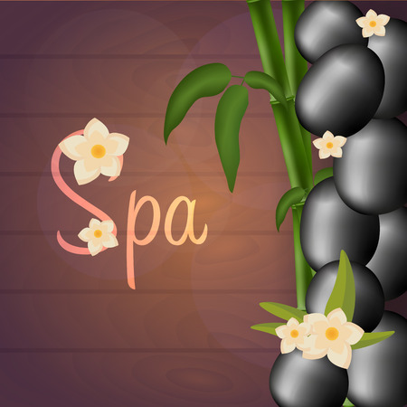 Spa salon banner with stones. Thai Massage. Wood textureのイラスト素材