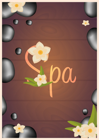 Spa salon Poster with stones. Thai Massage. Wood texture. Vector illustrationのイラスト素材