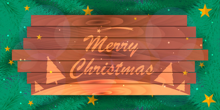 Merry Christmas and Happy New Year. Wooden frame. Vintage Christmas Background, Vector illustrationのイラスト素材