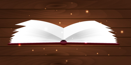 Book poster. Open book with mystic bright light on wooden background. Vector illustrationのイラスト素材