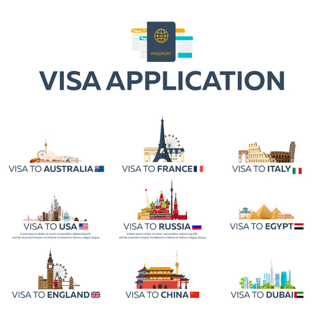 Big set Visa to the country. Australia, France, Italy, USA, Russia, Egypt, England, China, Dubai. Document for travel. flat illustrationのイラスト素材