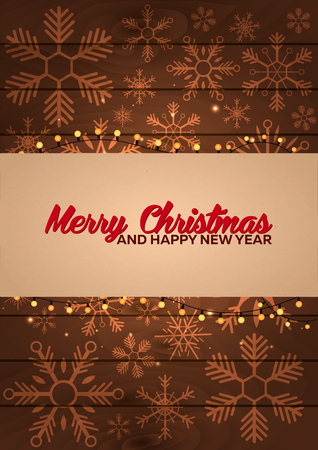 Poster Merry Christmas and Happy New Year. Wood background with snowflakes. Vector illustrationのイラスト素材