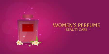 Banner Women's Perfume. Beauty care. Classic bottle of perfume. Liquid luxury fragrance aromatherapy. illustrationのイラスト素材