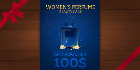 Gift Voucher. Women's Perfume. Beauty care. Classic bottle of perfume. Liquid luxury fragrance aromatherapy. illustrationのイラスト素材