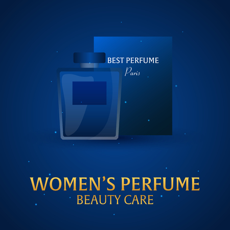 Banner Women's Perfume. Beauty care. Classic bottle of perfume. Liquid luxury fragrance aromatherapy. illustrationのイラスト素材