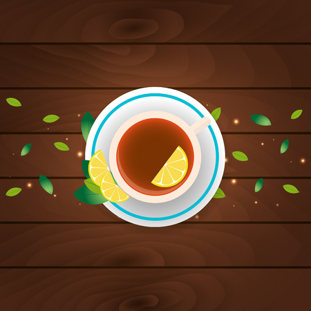 Tea time. Cup of tea with lemon. Wooden background. illustrationのイラスト素材