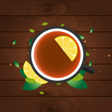 Tea time. Cup of tea with lemon. Wooden background. illustrationのイラスト素材