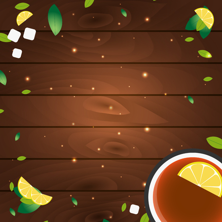 Tea time. Cup of tea with lemon. Wooden background. illustrationのイラスト素材