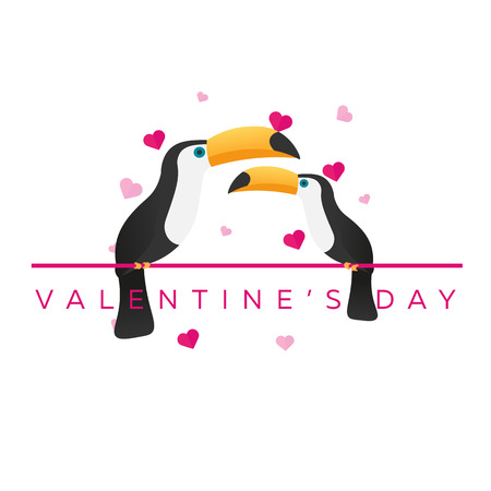 Happy Valentines Day. Love of Toucans. Vector flat illustrationのイラスト素材