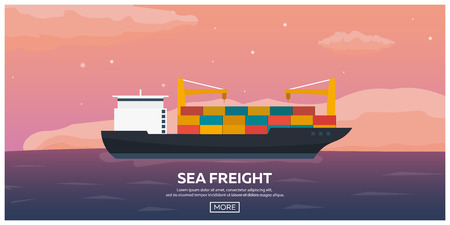 Sea transportation logistic. Sea Freight. Maritime shipping. Merchant Marine. Cargo ship. Vector flat illustrationのイラスト素材