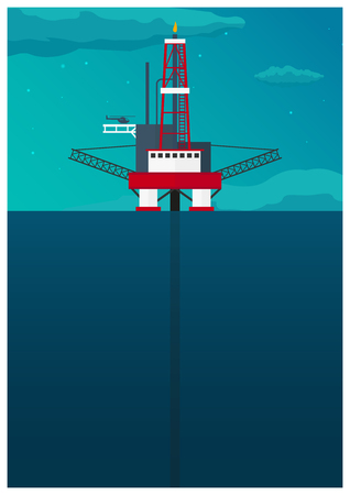 Oil Platform Poster. Sea. Oil exploration. Vector flat illustrationのイラスト素材