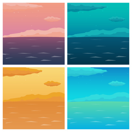 Set of Sea background with waves and clouds. Vector flat illustrationのイラスト素材