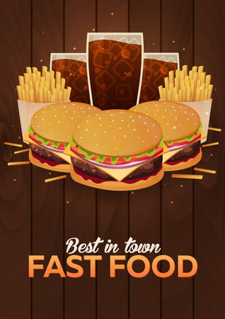 Lunch with french fries, burger and soda takeaway. Fast food poster. Vector Illustrationのイラスト素材