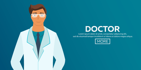 Poster with doctor. Medical care. Medical gown. Vector flat illustrationのイラスト素材
