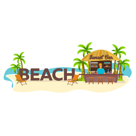 Beach. Travel. Palm drink summer lounge chair tropicalのイラスト素材