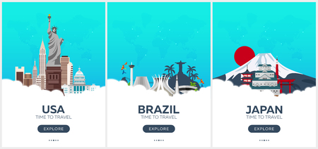 USA, Brazil, Japan. Time to travel. Set of Travel posters. Vector flat illustrationのイラスト素材