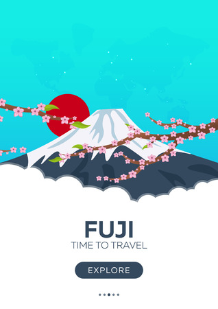 Japan. Fuji. Time to travel. Travel poster Vector flat illustrationのイラスト素材