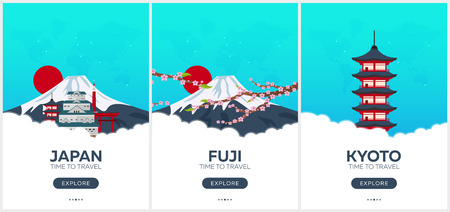 Japan. Time to travel. Set of Travel posters. Vector flat illustrationのイラスト素材