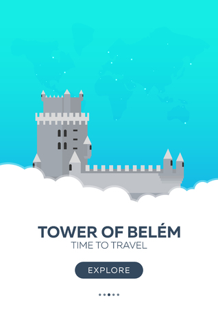 Portugal. Tower of Belem. Time to travel. Travel poster. Vector flat illustrationのイラスト素材