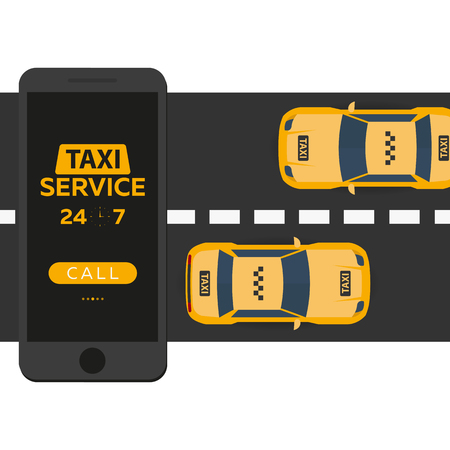 Taxi service. Mobile app for booking service. Taxi car. Vector flat illustrationのイラスト素材