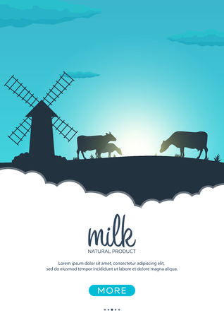 Poster Milk natural product. Rural landscape with mill and cows. Dawn in the villageのイラスト素材
