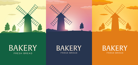 Poster Rural landscape with windmill. Sunrise. Bakery.のイラスト素材
