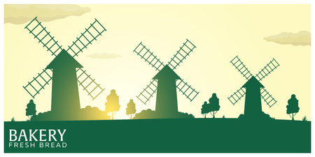 Poster Rural landscape with windmill. Sunrise. Bakery.のイラスト素材