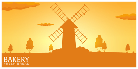 Poster Rural landscape with windmill. Sunrise. Bakery.のイラスト素材