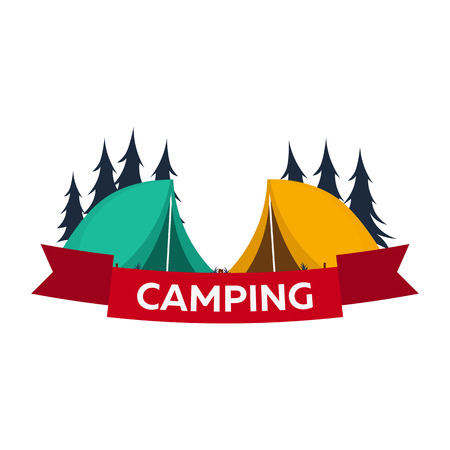 Summer camp. Evening Camp, Pine forest and rocky mountains. Sunset in the mountains. Climbing, Trekking, Hiking, Walking Campfireのイラスト素材