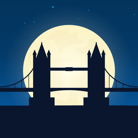 England, London silhouette of attraction. Travel banner with moon on the night background. Trip to country. Travelling illustrationのイラスト素材