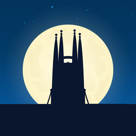 Spain silhouette of attraction. Travel banner with moon on the night background. Trip to country. Travelling illustrationのイラスト素材