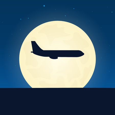 Airplane silhouette. Banner with moon on the night background. Vector illustrationのイラスト素材