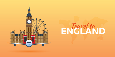 Travel to England. Airplane with Attractions. Travel vector banners. Flat styleのイラスト素材