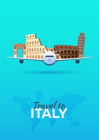 Travel to Italy. Airplane with Attractions. Travel vector banners. Flat styleのイラスト素材