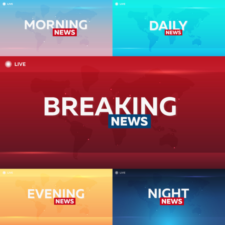 Set of Mass media. Morning, night, daily and evening news. Breaking news banner. Live. Television studio. TV showのイラスト素材