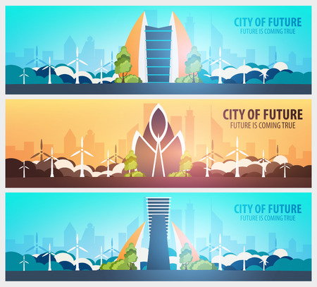Set of Flat style banners. Modern city houses. Building of future. Architecture of the futureのイラスト素材