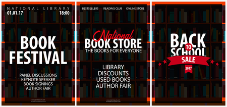Set of Posters National Book Store, Festival. Book shelf or bookcase on the backgroundのイラスト素材
