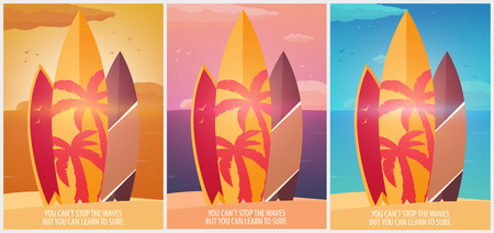 Surfing banner and poster. Surfboards on a beach. Surf and summer designのイラスト素材
