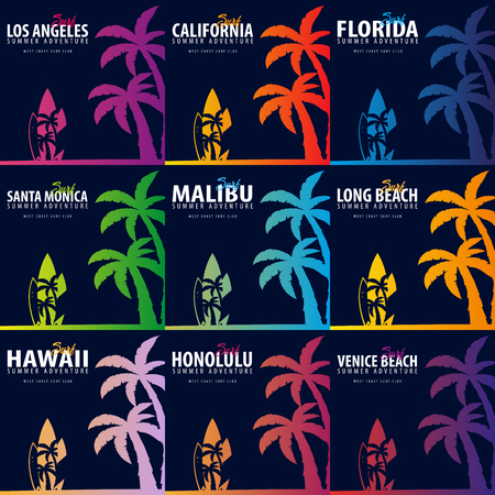 Set of Surfing graphics with palms. T-shirt design and printのイラスト素材