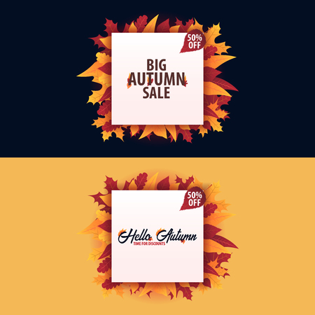 Set of Autumn Background with leaves for shopping sale or promo poster and frame leaflet or web banner. Vector illustration templateのイラスト素材
