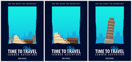 Set of Posters Travel to Italy. Journey, trip and vacation. Vector travel illustrationのイラスト素材