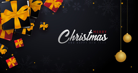 Marry Christmas and Happy New Year banner on dark background. Vector illustrationのイラスト素材
