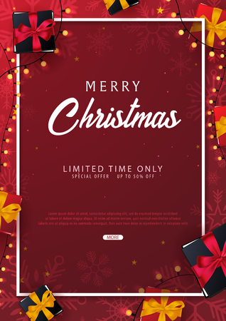 Marry Christmas and Happy New Year poster on red background. Vector illustrationのイラスト素材
